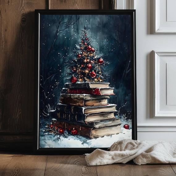 Vintage Books Rustic Christmas Wall Art Print Painting Dark Cottagecore Moody Dark Academia Decor Seasonal Gothic Book Lover Library Decor