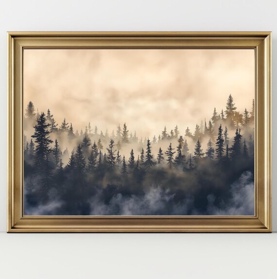 Pine Tree Forest Print Moody Foggy Landscape Vintage Pine Tree Forest Winter Landscape Print Misty Forest Fall Rustic Cabin Wall Decor