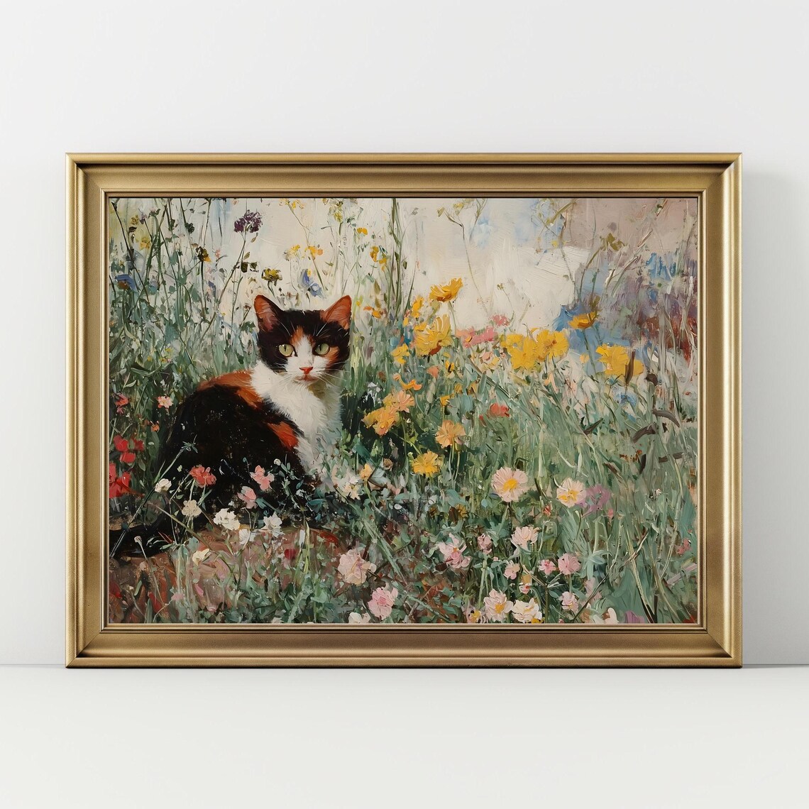 Calico Cat In Wildflower Garden Vintage Oil Painting Animal Art Poster - Image 2