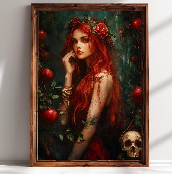 Persephone With Pomegranate Wall Art Dark Academia Print Moody Victorian Wall Art Cottagecore Greek Goddess Greek Mythology Art Floral