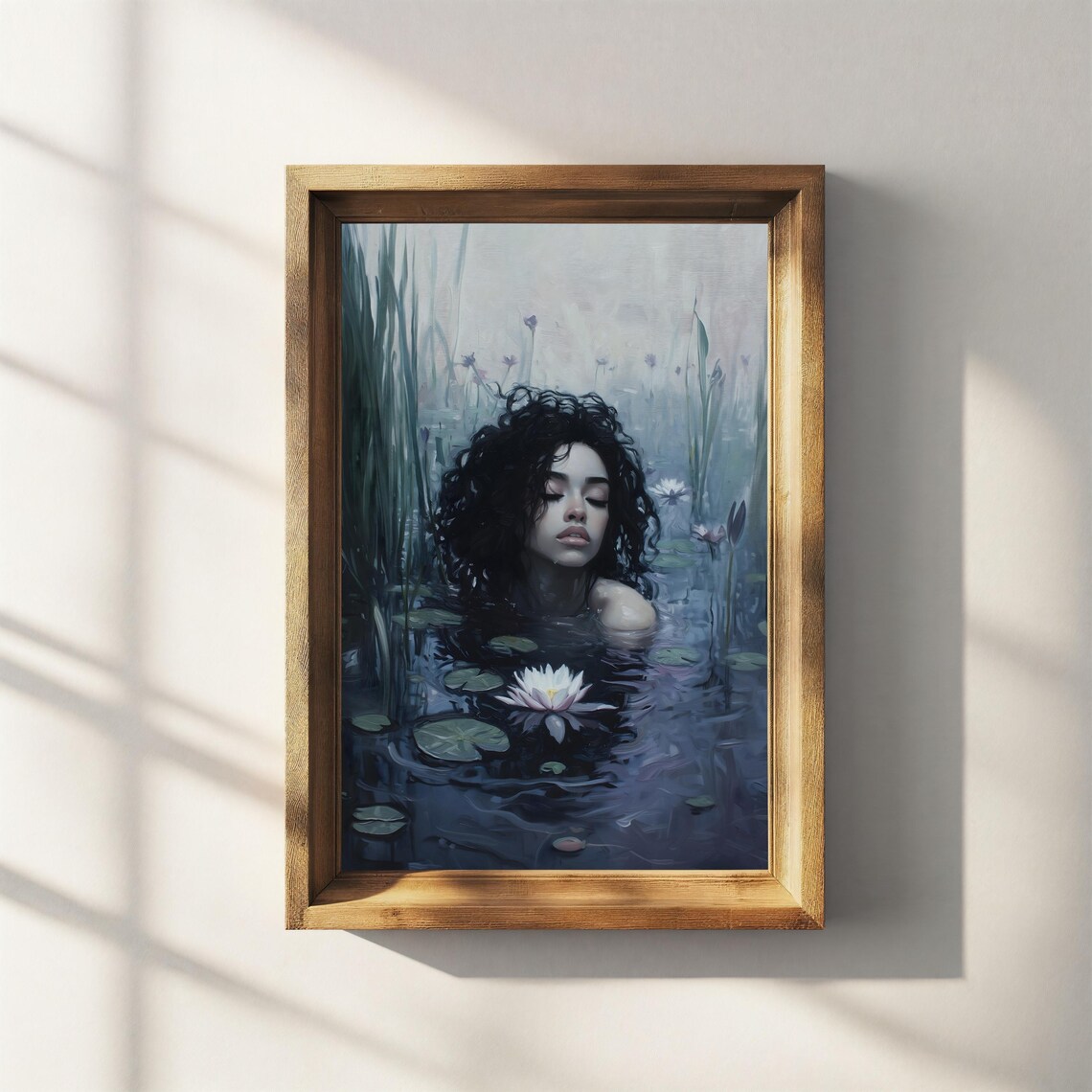 Ophelia Curly Dark Hair Woman White Lotus Lily Pond Gothic Dark Poster - Image 2
