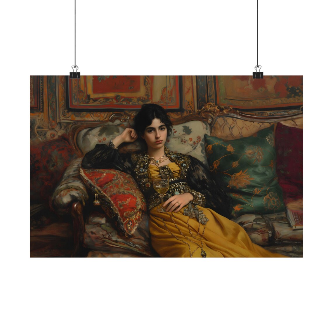Golden Victorian Dress Woman Wine Glass Chaise Lounge Oil Painting Print - Image 2