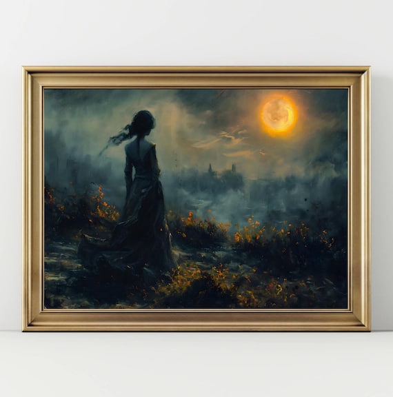 Moody Victorian Woman Silhouette Moonlit Misty Cityscape Wall Art