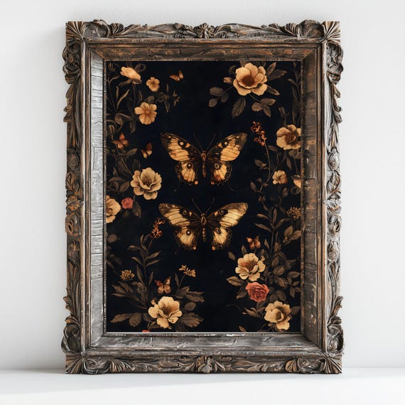 Moths And Peony Flowers Botanical Illustrations Art Print Boho Aesthetic Poppy Art Print Dark Cottagecore Nature Print William Morris