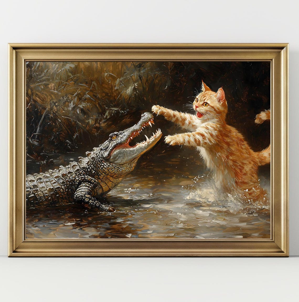 Orange Tabby Kitten Facing Crocodile Funny Vintage Painting Art Poster - Image 2