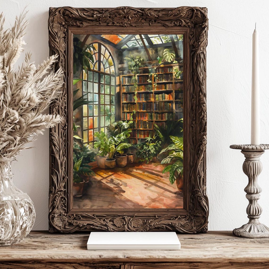 Sunlit Greenhouse Library Arched Windows Plants Books Botanical Poster
