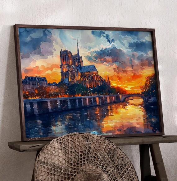Notre Dame Cathedral Paris Sunset Seine River Watercolor Print