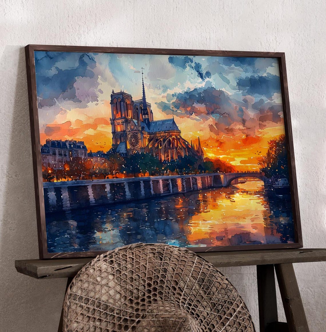 Notre Dame Cathedral Paris Sunset Seine River Watercolor Print