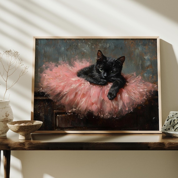 Black Cat In Pink Tutu Ballerina Vintage Oil Painting Art Print