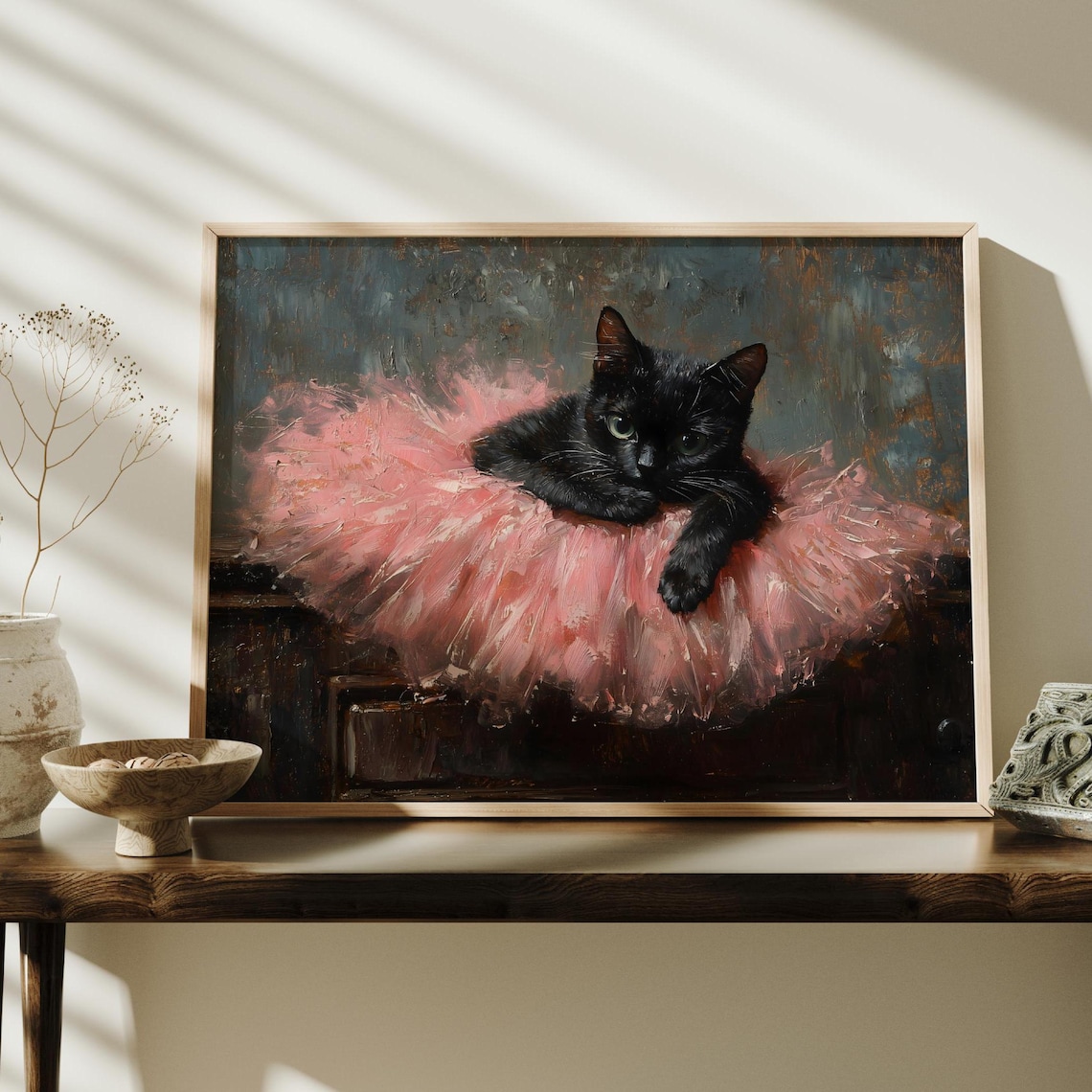 Black Cat In Pink Tutu Ballerina Vintage Oil Painting Art Print