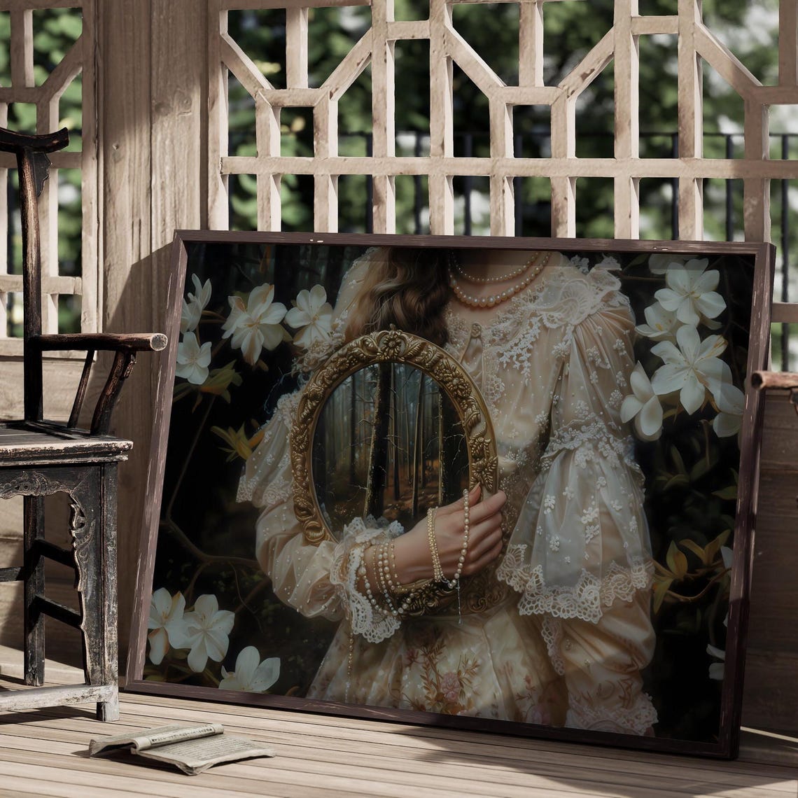 Victorian Woman Lace Pearls Ornate Mirror Dark Moody Floral Art Print - Image 2