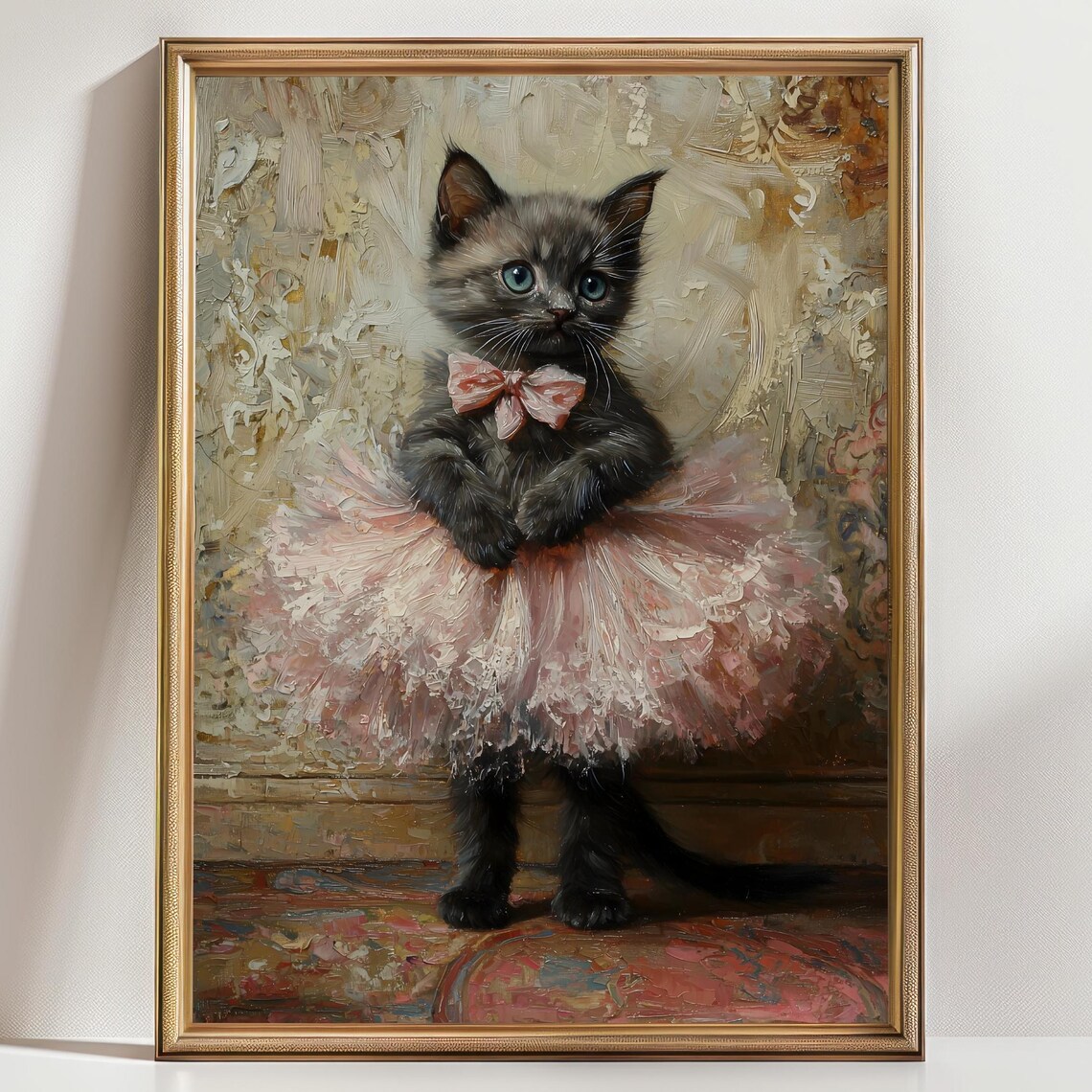 Black Kitten Pink Tutu Bowtie Ballerina Cat Vintage Oil Painting Print