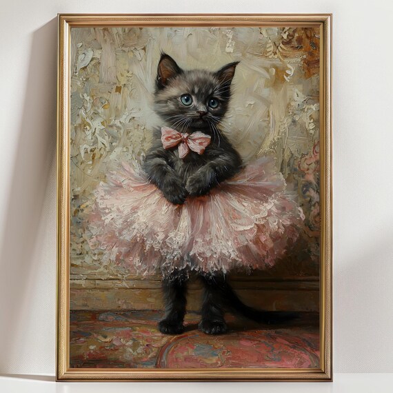 Black Kitten Pink Tutu Bowtie Ballerina Cat Vintage Oil Painting Print