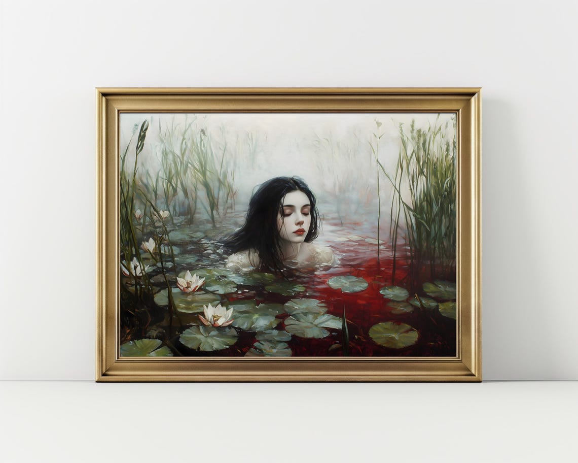 Ophelia Black Hair Red Water Lilies Pond Gothic Romantic Print - Image 2