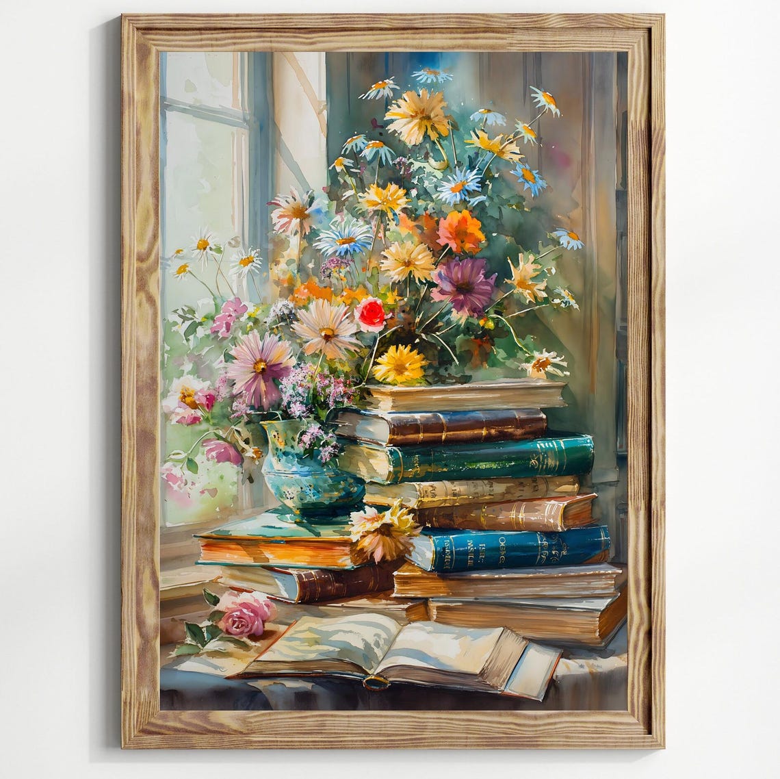 Stack Of Books Wildflowers Vase Window Light Watercolor Bookish Print