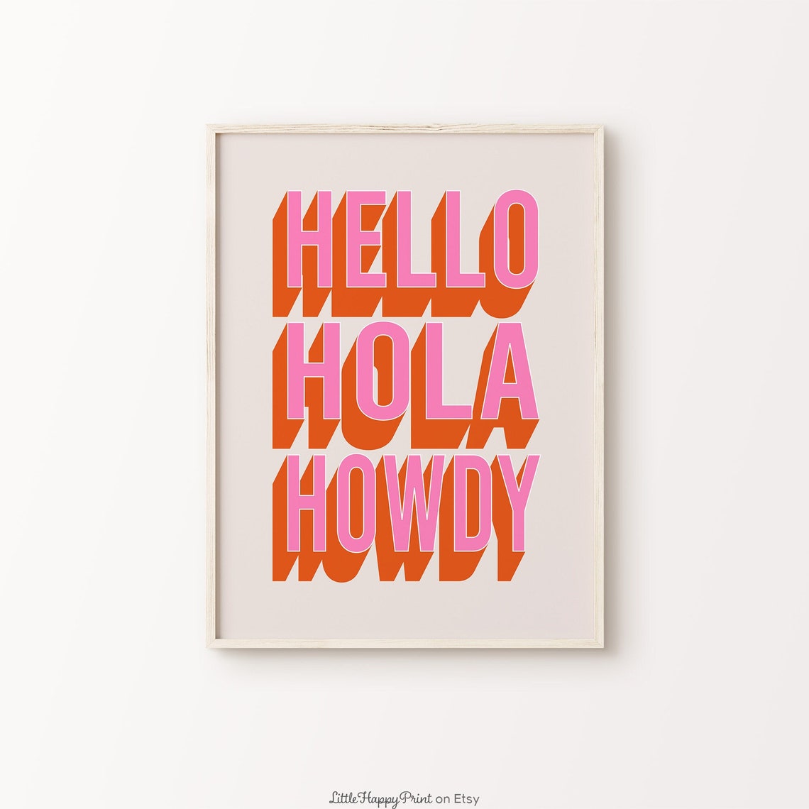 Hello Hola Howdy Pink Orange Retro 3D Typography Welcome Poster