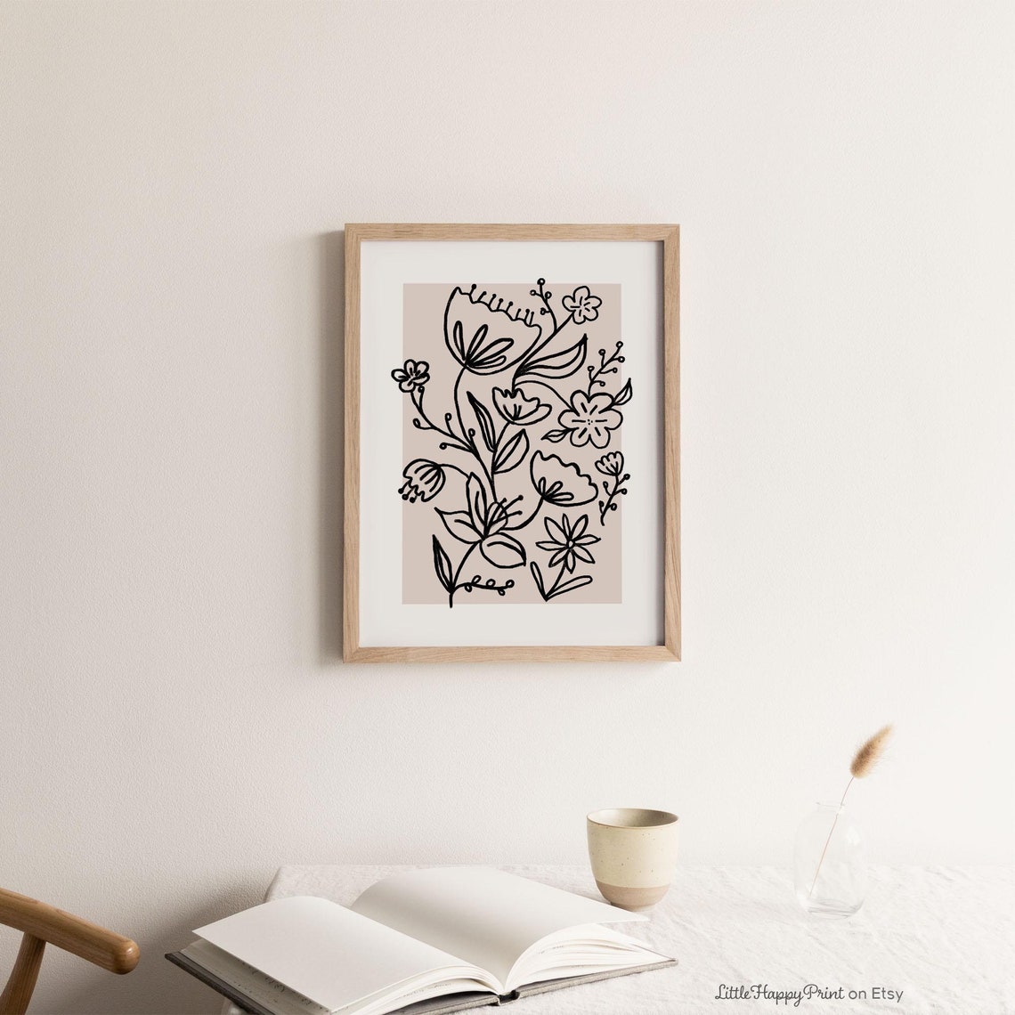 Black Floral Line Drawing Minimalist Botanical Beige Wall Art