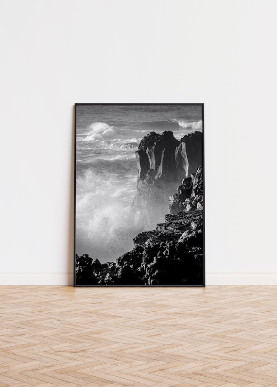 Ocean Waves Crashing On Black Rocks Black And White Photo Poster