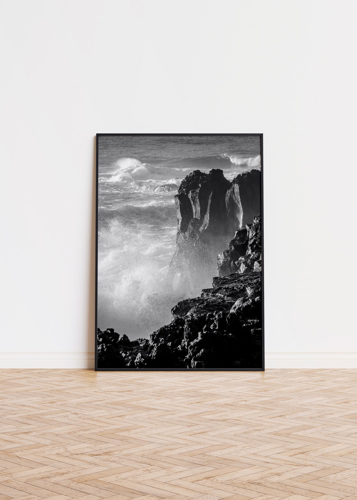 Ocean Waves Crashing On Black Rocks Black And White Photo Poster