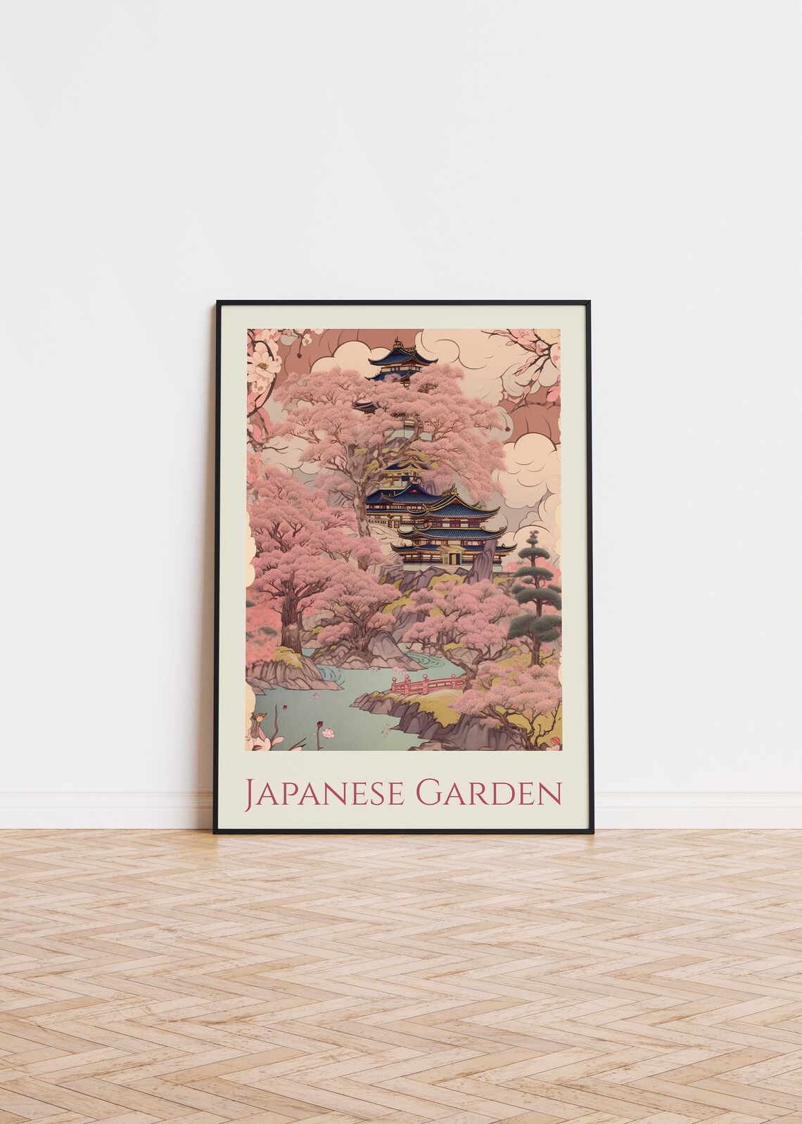 Japanese Pagoda Temple Cherry Blossom Garden Painting Travel Poster