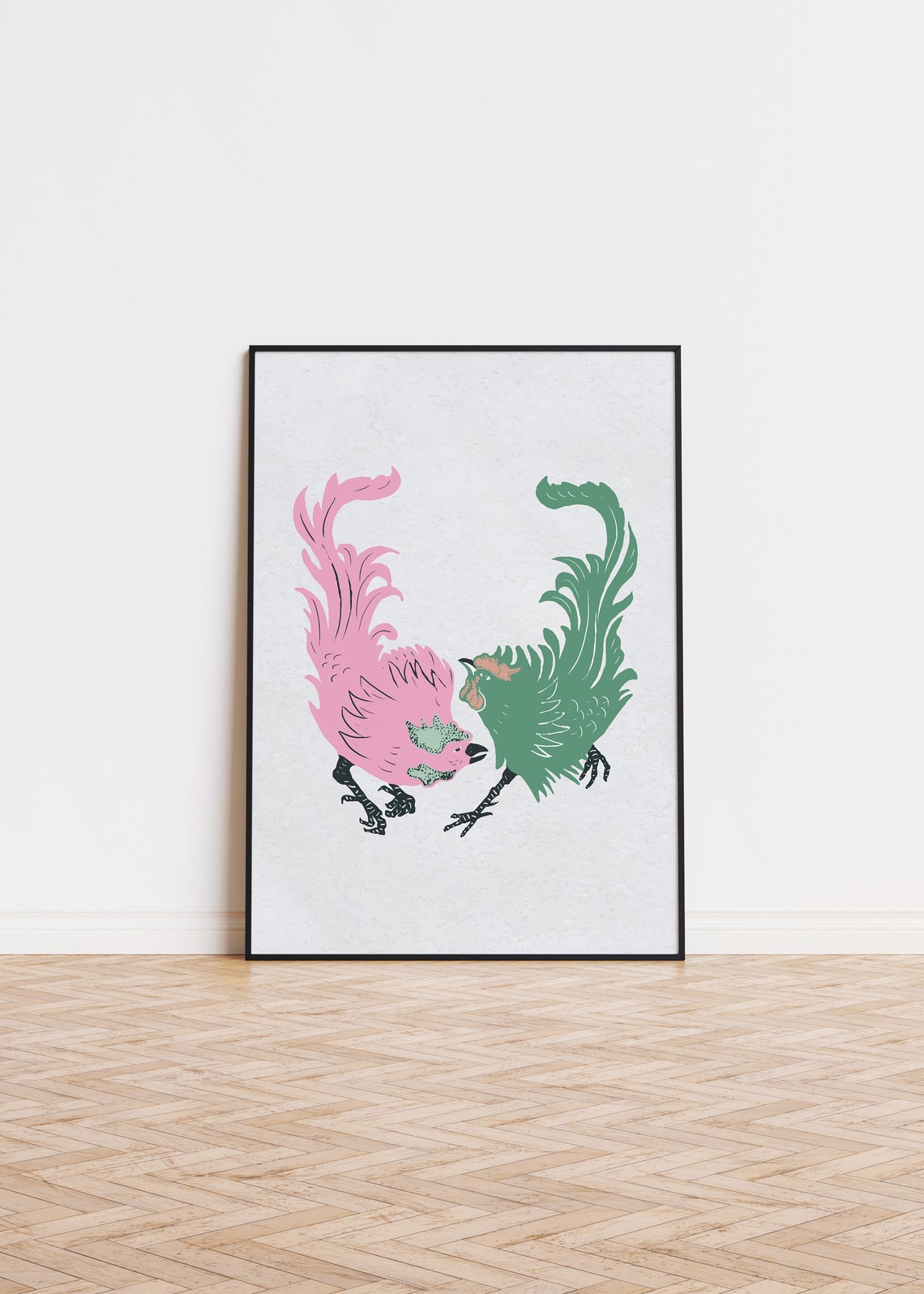 Pink and Green Roosters Japanese Style Bird Illustration Poster