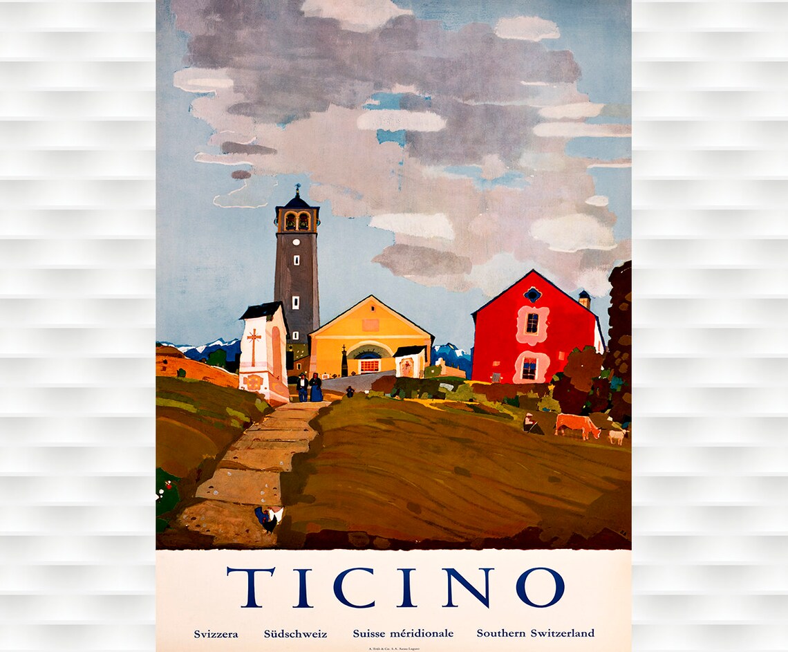 Ticino Southern Switzerland Alpine Village Church Travel Poster