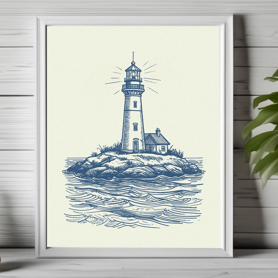 Nautical Lighthouse Line Art Coastal Sketch Navy Blue Decor Poster