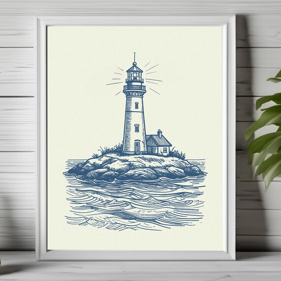 Nautical Lighthouse Print Coastal Wall Art Navy Blue Decor Minimal Beach Cottage Style Sailor Themed Artwork 164