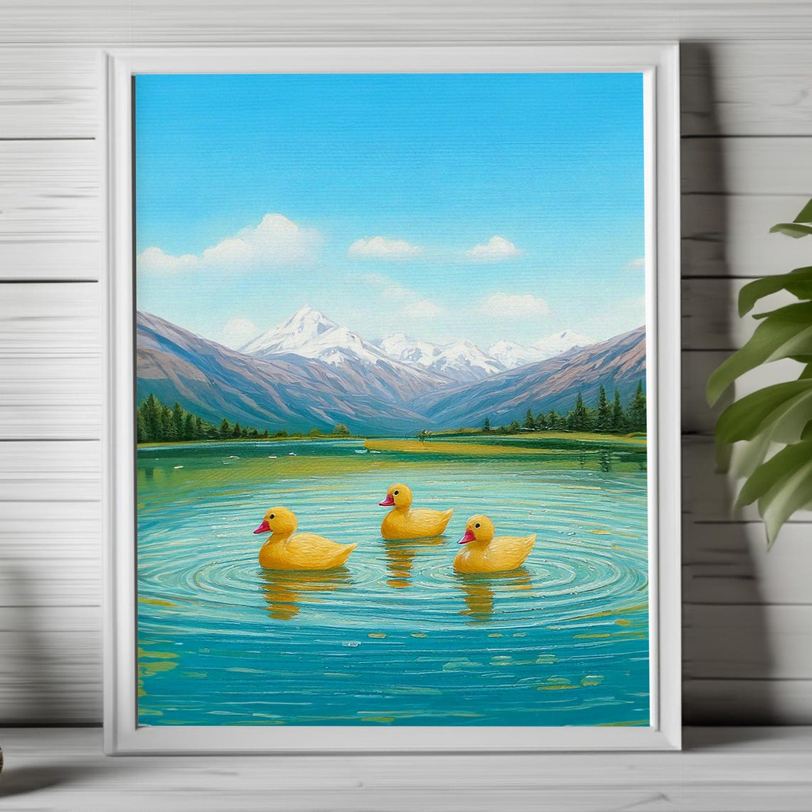 Three Yellow Ducklings on Mountain Lake Snowy Peaks Nature Art Poster