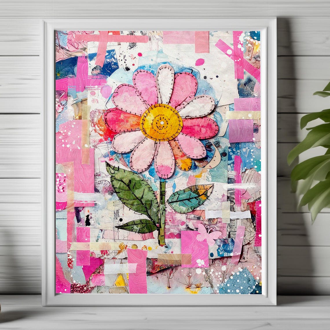 Whimsical Pink Daisy Collage Mixed Media Floral Scrapbook Art Poster