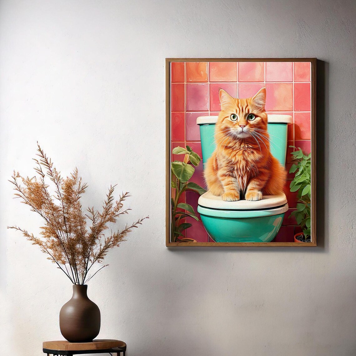 Funny Orange Cat on Toilet Colorful Retro Bathroom Art Poster - Image 2