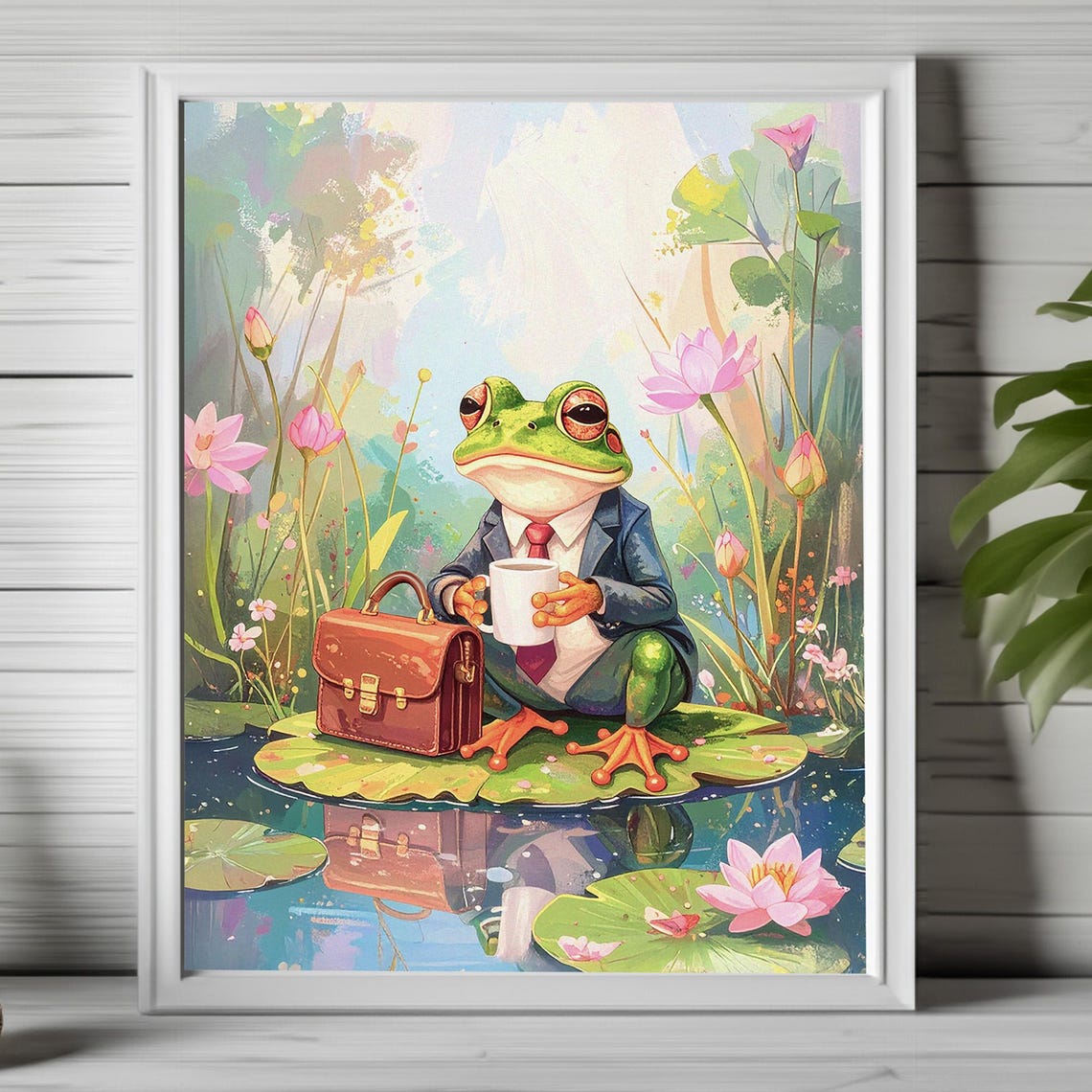 Dapper Business Frog in Suit with Briefcase on Lily Pad Poster