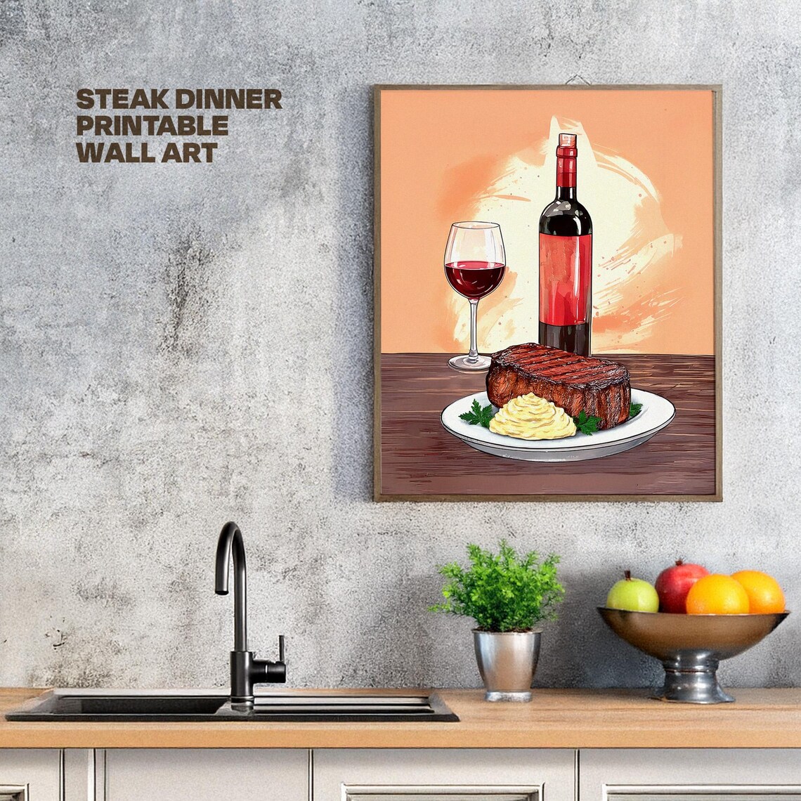 Steak And Wine Art, Elegant Kitchen Decor - Image 3