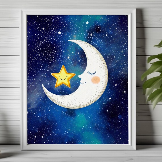 Whimsical Moon Art Celestial Wall Decor Cosmic Nursery Print Face Poster And Star 263