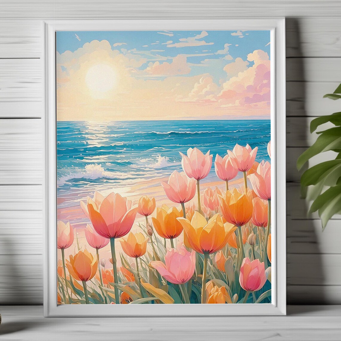 Tulip Field Blooming by the Beach at Sunrise Coastal Art Poster