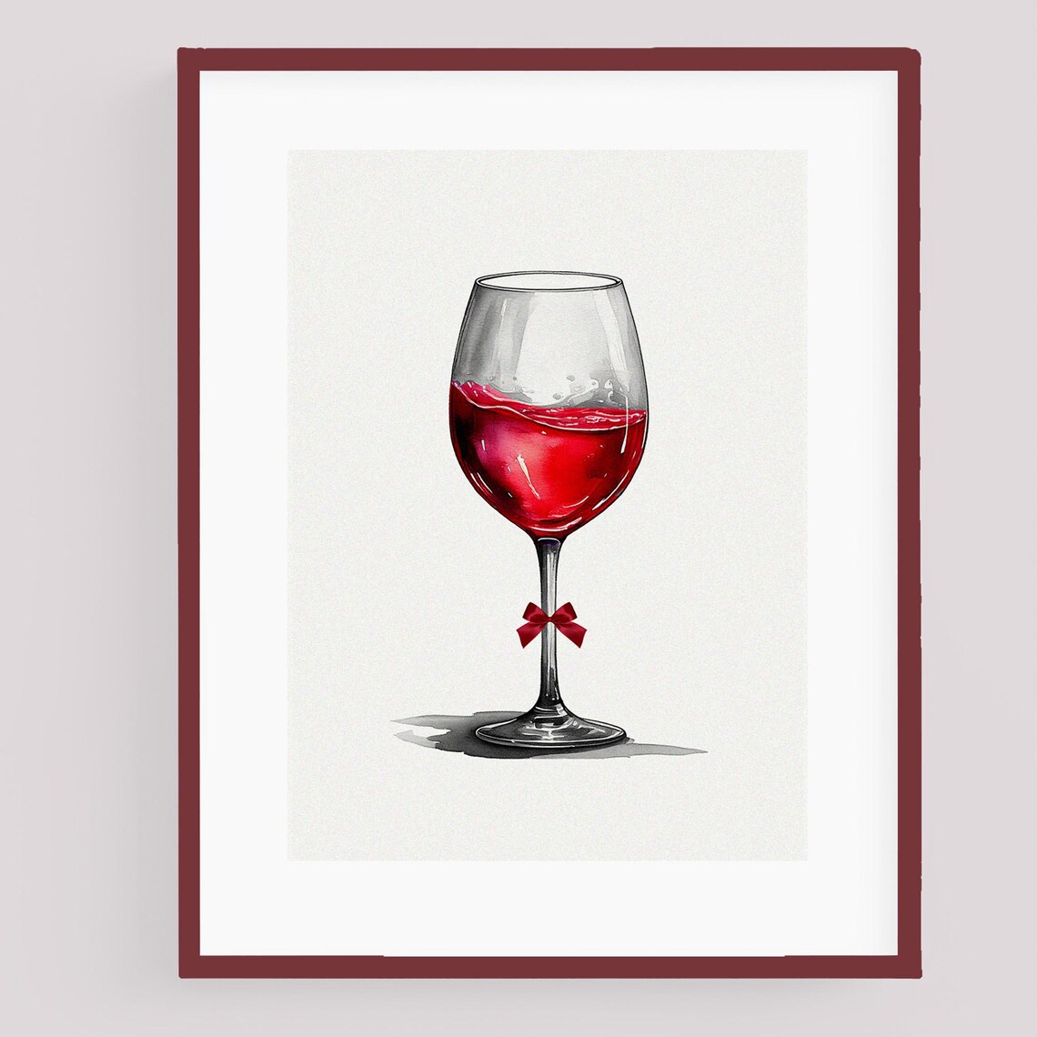 Elegant Red Wine Glass With Small Red Bow Watercolor Art Poster - Image 3