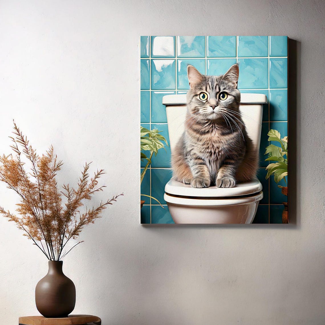 Funny Tabby Cat Sitting on Toilet Retro Bathroom Humor Poster - Image 2