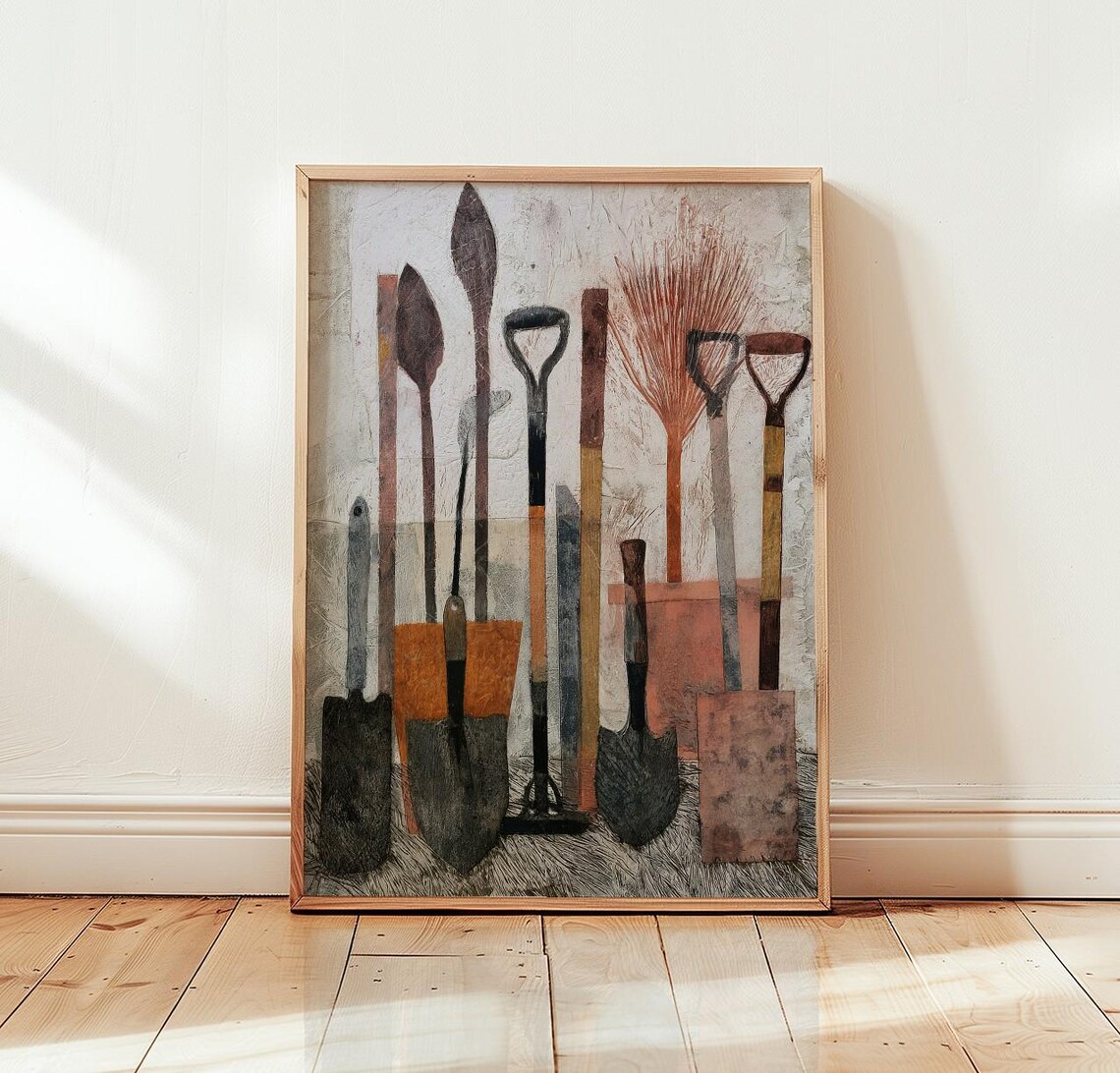 Garden Tools Art Print, Rustic Shovel And Rake