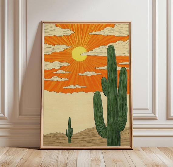 Vintage Woodcut Desert Saguaro Cactus Blazing Orange Sky Poster