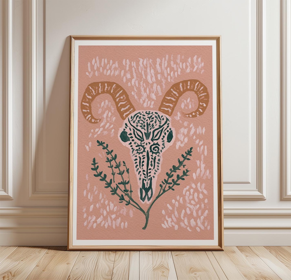 Pink Sheep Skull Poster, Folk Gouache Botanical