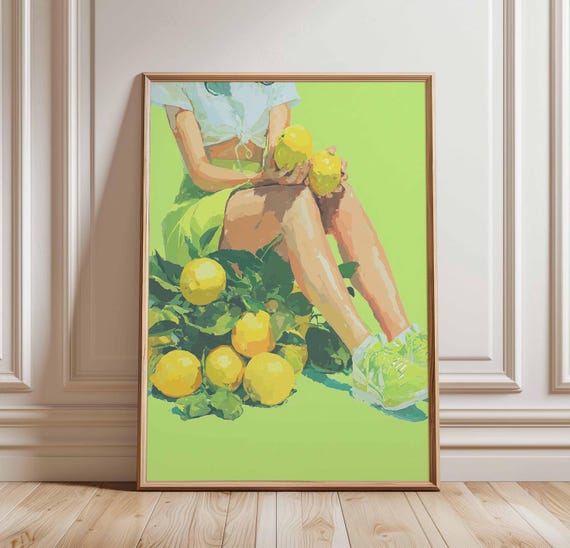 Lemon Girl Poster Vibrant Summer Wall Art Citrus Fruit Print Fresh Kitchen Decor Modern Feminine Green And Yellow Illustration