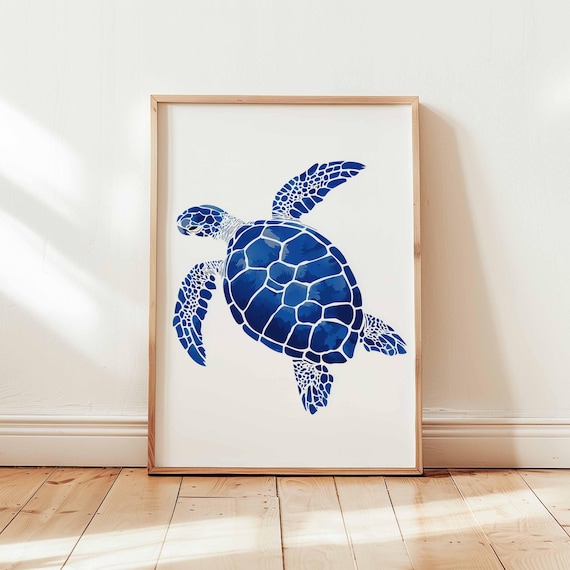 Blue Sea Turtle Watercolor Ocean Animal Coastal Beach House Poster