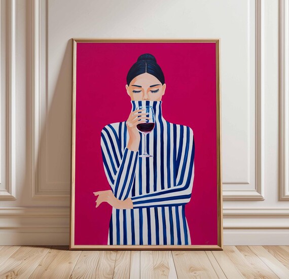 Wine Woman Striped Turtleneck Red Wine Modern Female Art Poster