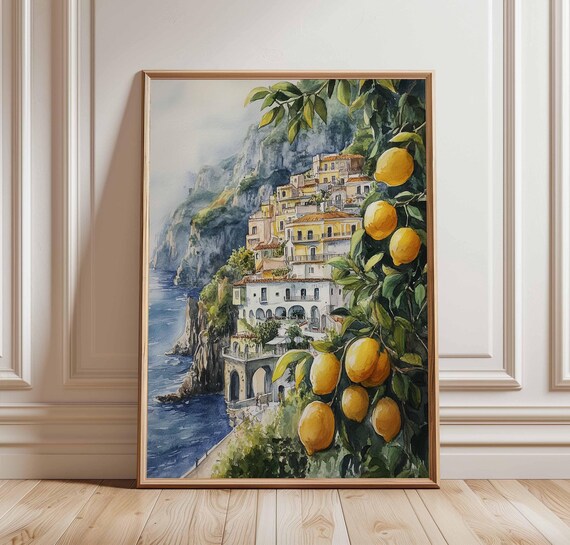 Amalfi Coast Italy Watercolor Cliff Village Lemon Branch Art Poster