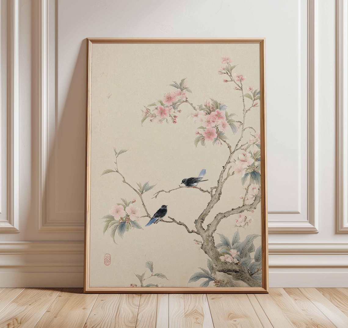 Japanese Bird Cherry Blossom Art Print, Vintage Minimalist