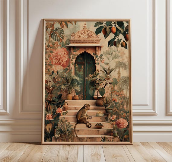 Monkey Courtyard Poster Tropical Botanical Animal Wall Art Print In Detailed Illustration Style