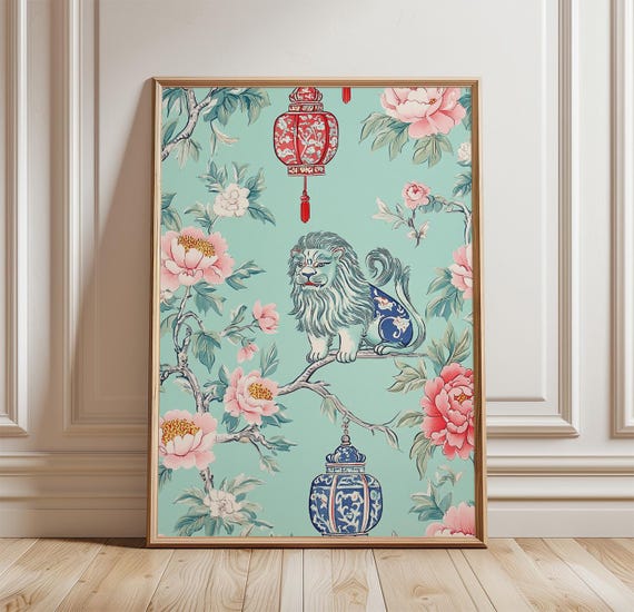 Chinoiserie Peony Poster Chinese Guardian Lion Wall Art Print Floral Asian Decor Vintage Botanical Pattern Elegant Oriental Artwork