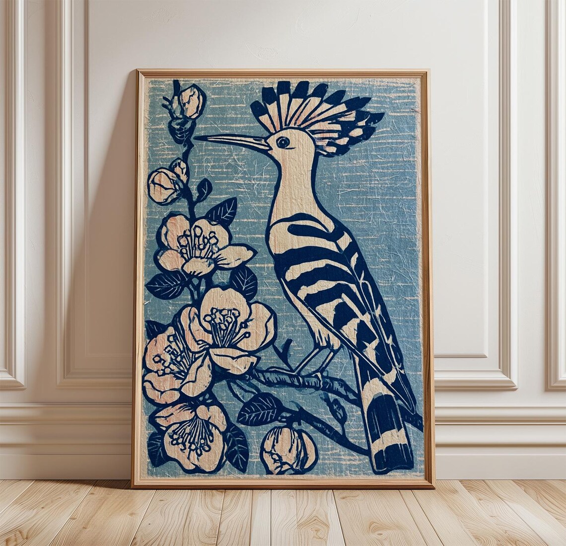 Hoopoe Bird Botanical Woodblock Poster
