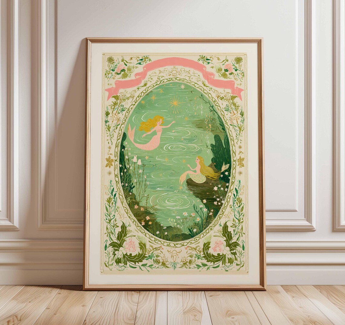 Mermaid Vintage Storybook Poster, Enchanted Nursery Decor
