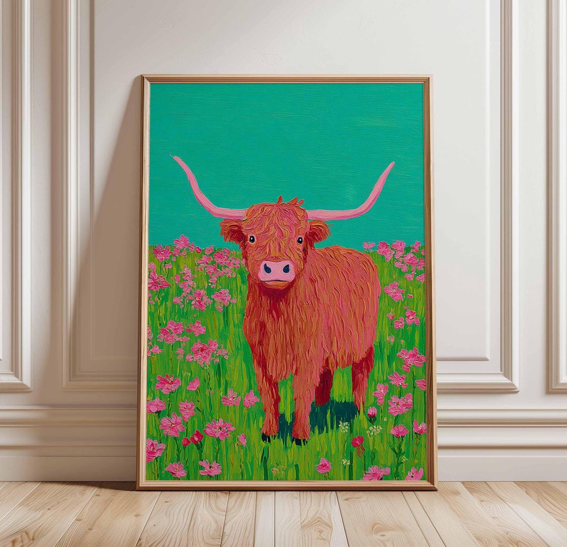 Highland Cow in Pink Flower Field Under Turquoise Sky Poster